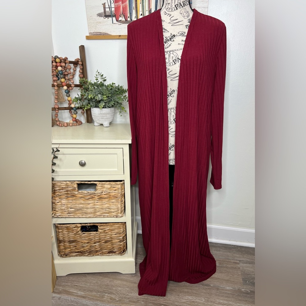 Full Length Burgandy Ribbed Cardigan